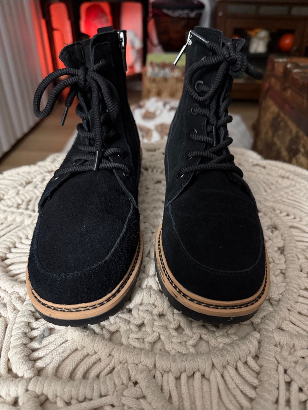 Crown Vintage Black Suede Lace-Up Ankle Boots with Tan Welt